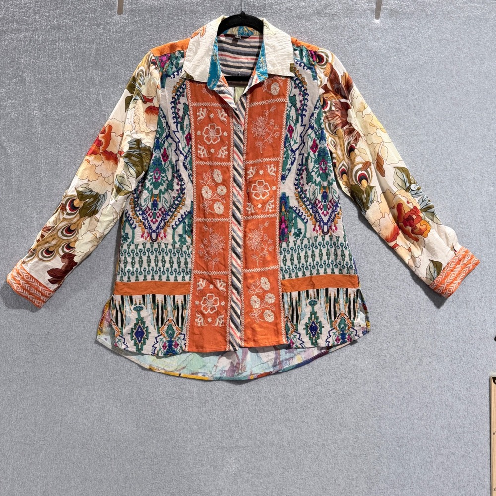 John Mark Womens Small Boho Patchwork Embroidered Floral Abstract Button Shirt